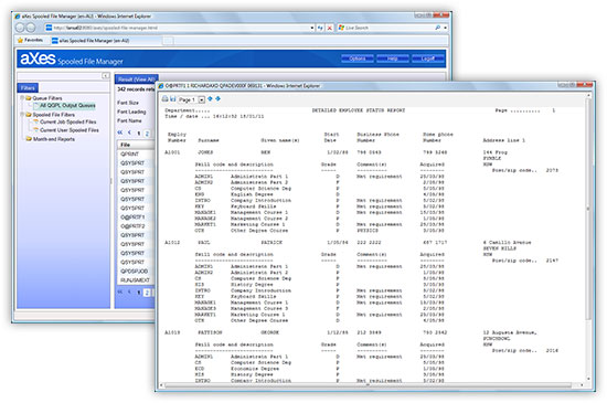 aXes Spooled File Manager muestra el reporte  en la pantalla de una página web